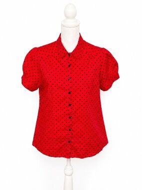 Torrid Red Black Polka Dot Peter Pan Puff Sleeve Blouse Cotton Retro Size 2X